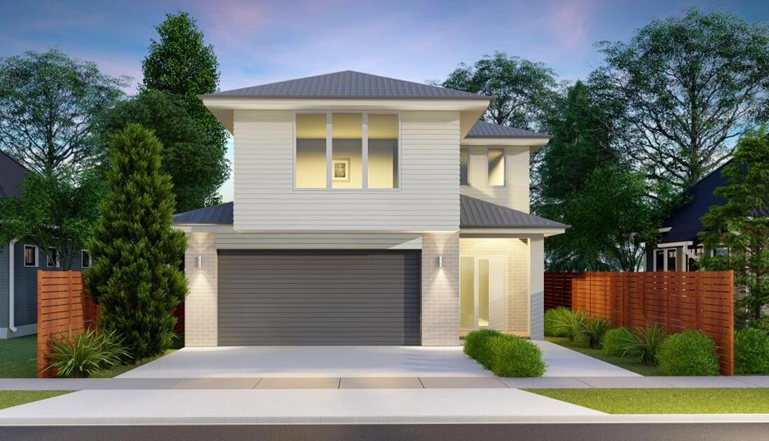 Two storey white house with grey garage