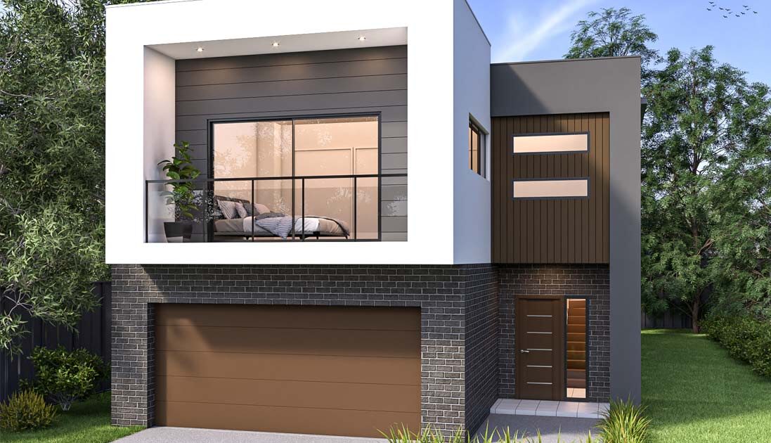 Modern box home with brown garage