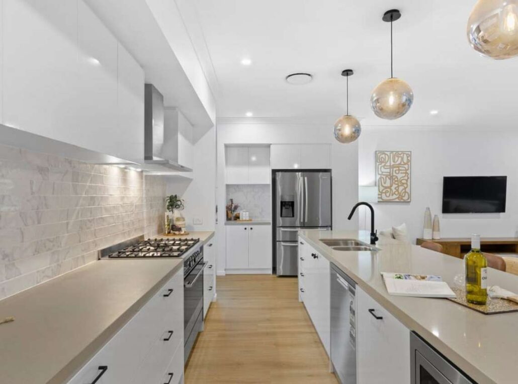 a cleverly designed kitchen to maximise storage in a narrow lot home